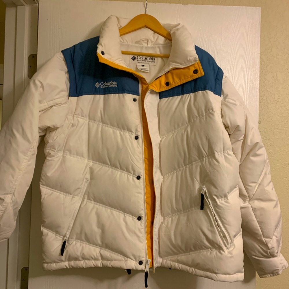 Men's COLUMBIA Large White Down Puffer Jacket - Vintage Circa 2000 - Convertible